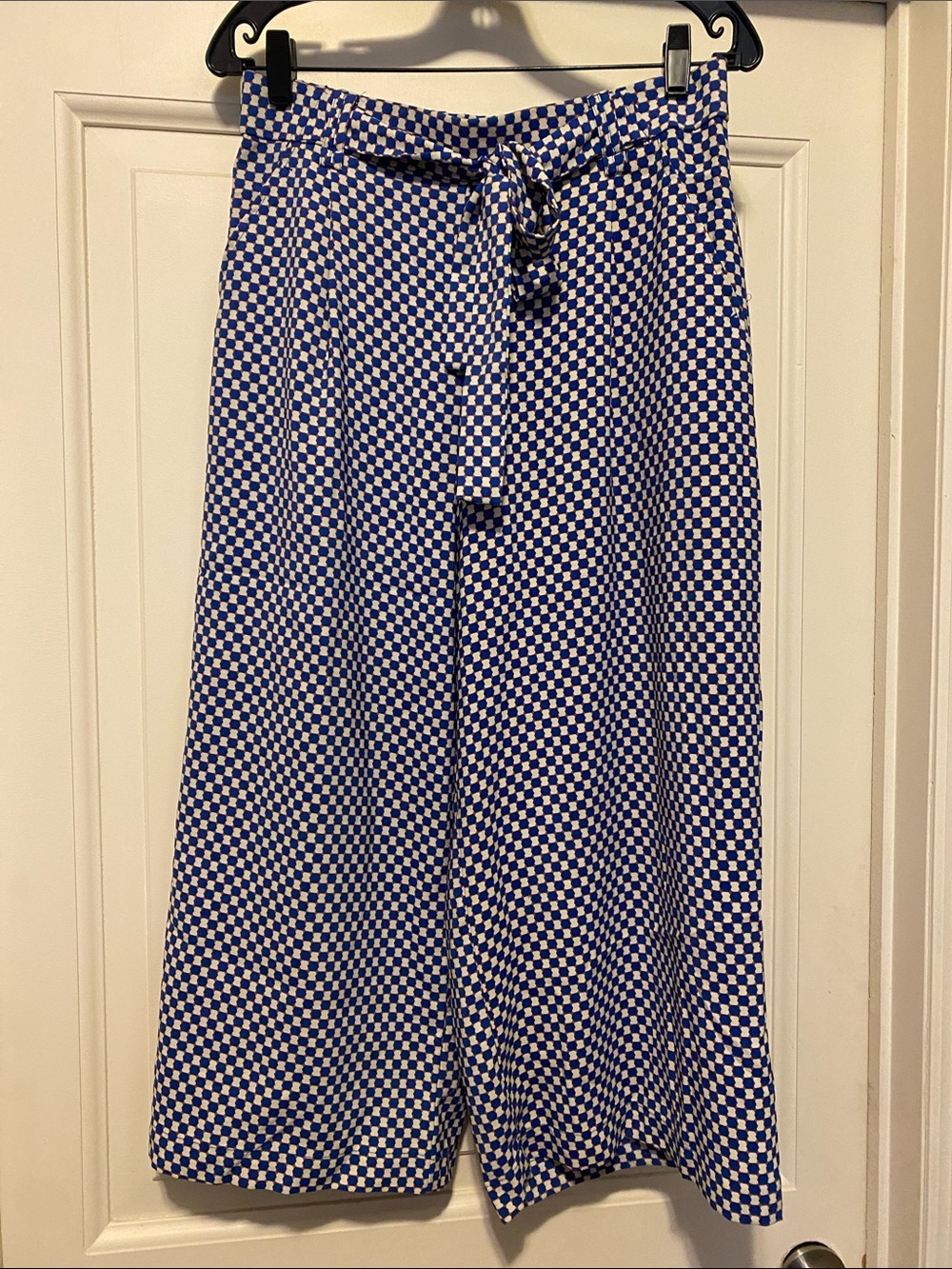 Zara Blue and Cream Wide-Leg Cropped Pants